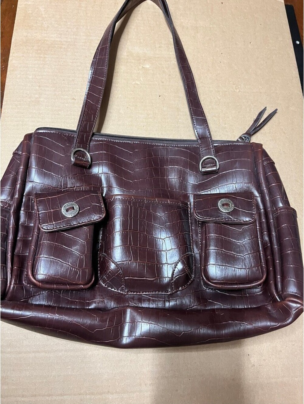 Vintage Mundi Y2K Faux Croc Shoulder Bag in Rich Espresso Brown